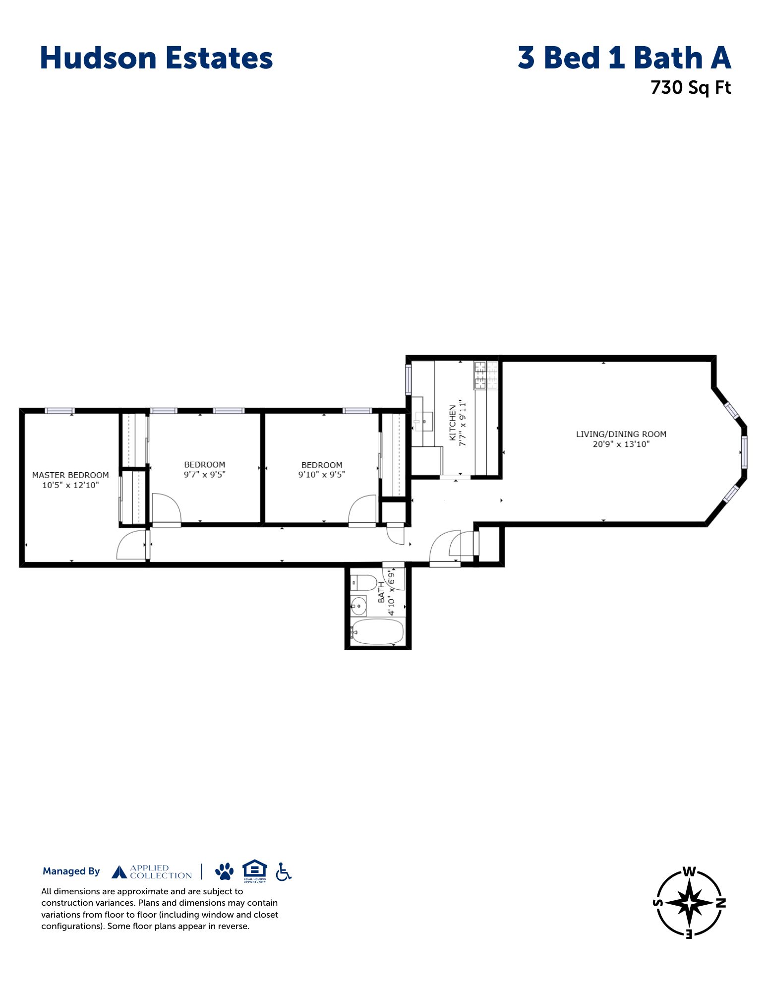 Floor plan for 3 beds, 1 bath, 730 sqft